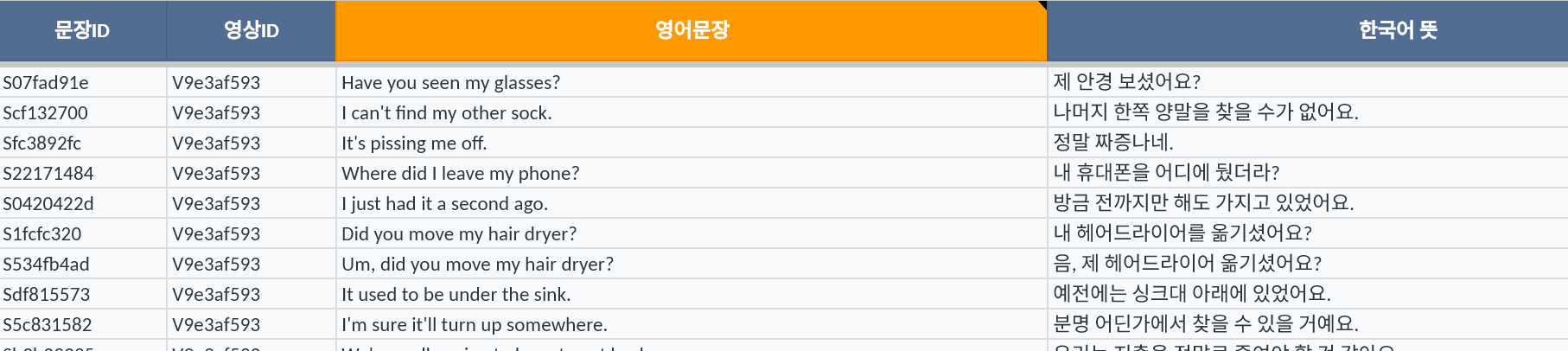 정리된 문장이 문장은행에 저장된 화면