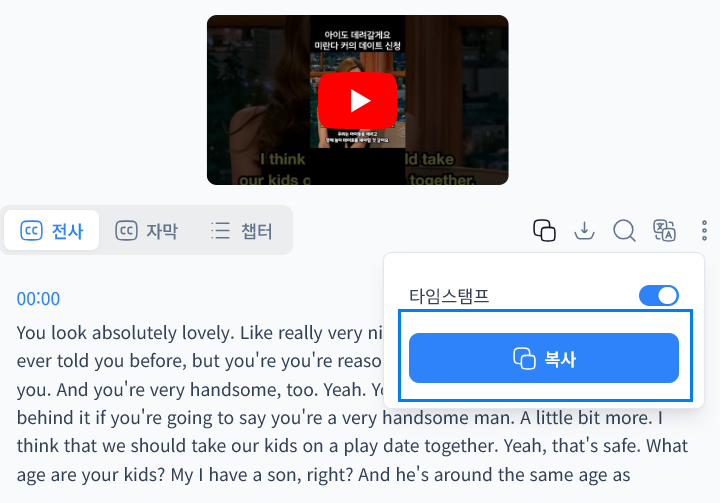 NoteGPT에서 자막을 추출하고 복사하는 화면