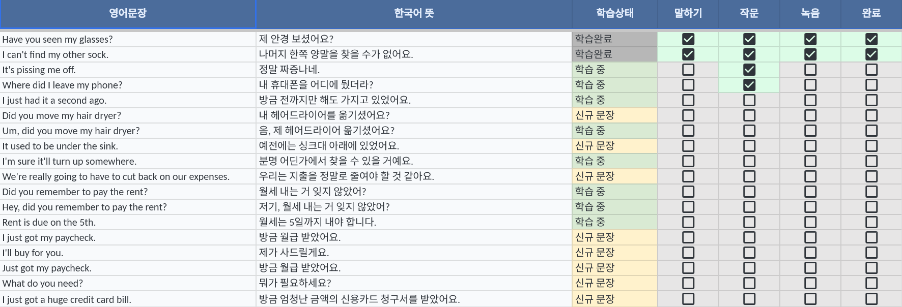 오늘 학습 관리 화면
